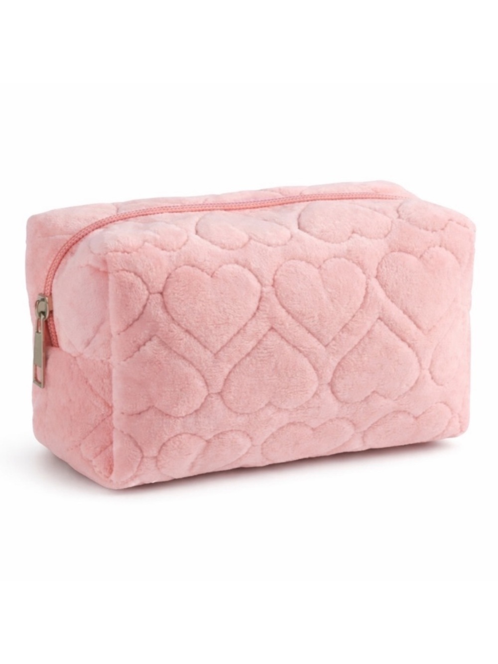 Pink Fuzzy Heart Quilted Makeup Bag Cosmetic Travel Pouch